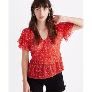 Madewell Tiered-Sleeve Peplum Top in Metallic Prairie Posies
